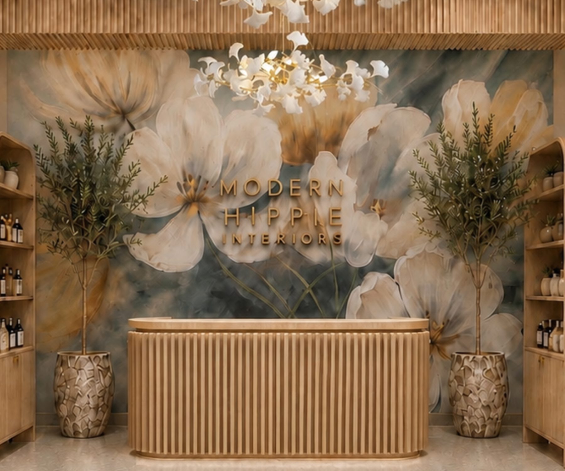 The Modern Hippie Interiors showroom on El Paseo, with its floral mural and fluted reception desk